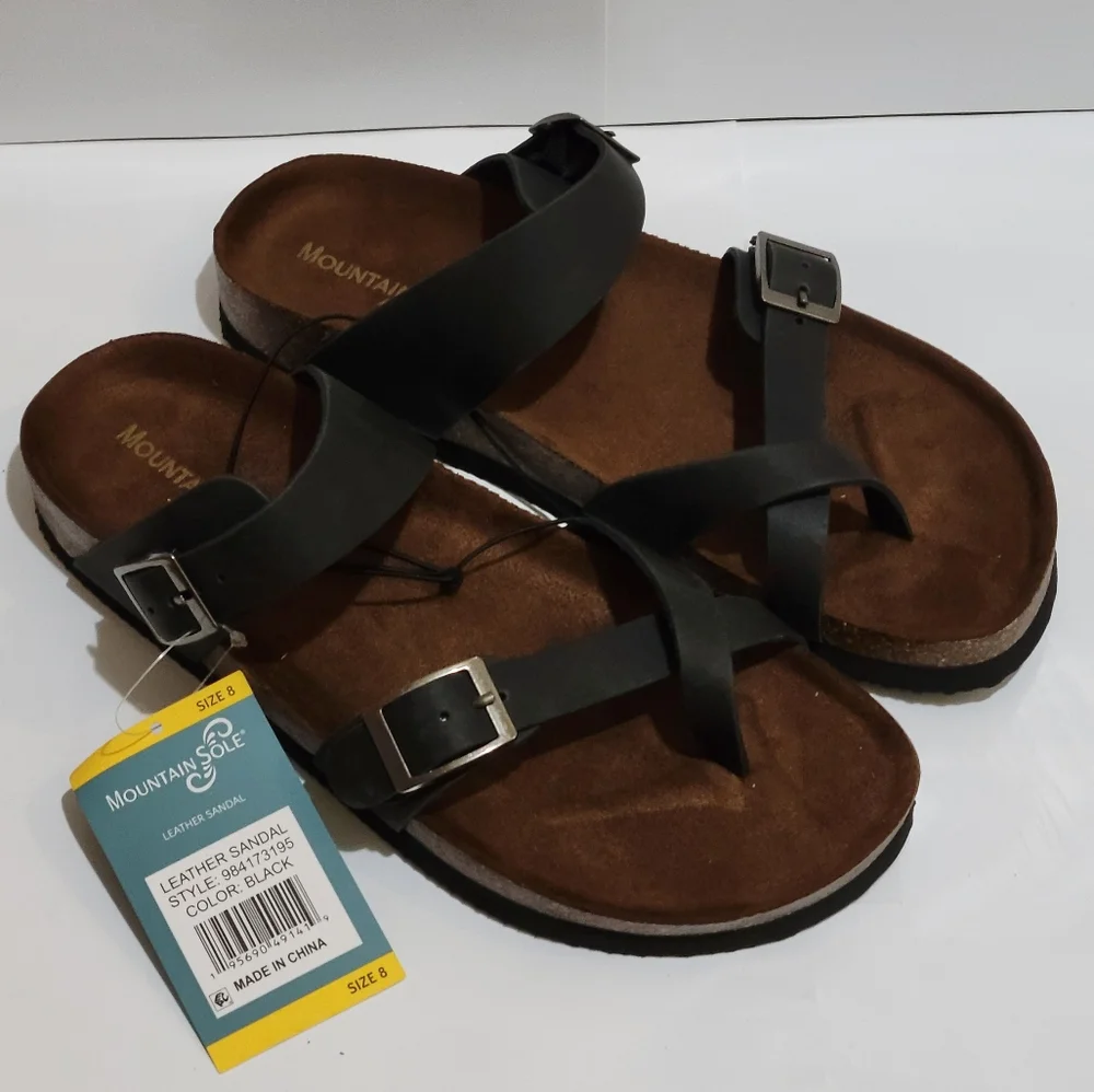 Mountain Sole Women's Leather Footbed Sandals‎ Black Adjustable Buckle